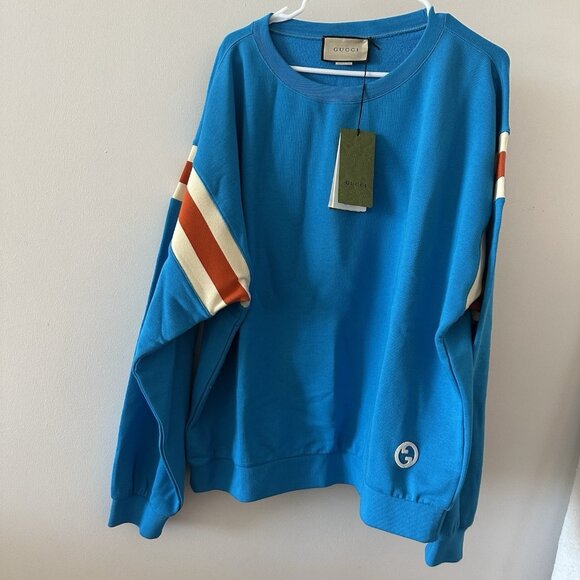 NWT GUCCI BLUE SWEATSHIRT COTTON SZ L 100% Authentic GG logo - Picture 4 of 11